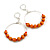 Slim Hoop Earrings with Orange Wood/ Glass Beads In Silver Tone - 35mm Diameter