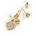 Gold Tone Clear Crystal White Faux Pearl Front Back Stud Earrings - 25mm Drop - view 4