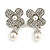 Bridal/ Prom/ Wedding Clear Crystal Faux Pearl Flower Earrings In Silver Tone - 40mm Long