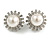 Statement Crystal Faux Pearl Floral Clip On Earrings In Silver Tone - 28mm Dimeter - view 3