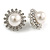 Statement Crystal Faux Pearl Floral Clip On Earrings In Silver Tone - 28mm Dimeter