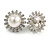 Statement Crystal Faux Pearl Floral Clip On Earrings In Silver Tone - 28mm Dimeter - view 4