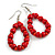 Red Wood and Glass Bead Oval Drop Earrings In Silver Tone - 55mm Long - view 3