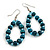 Teal Wood and Glass Bead Oval Drop Earrings In Silver Tone - 55mm Long - view 3