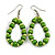 Lime Green Wood and Glass Bead Oval Drop Earrings In Silver Tone - 55mm Long