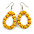 Yellow Wood and Glass Bead Oval Drop Earrings In Silver Tone - 55mm Long
