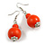 Orange Double Bead Wood Drop Earrings In Silver Tone - 60mm Long - view 3