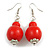 Fire Red Double Bead Wood Drop Earrings In Silver Tone - 60mm Long - view 2