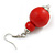Fire Red Double Bead Wood Drop Earrings In Silver Tone - 60mm Long - view 6