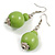 Pastel Green Double Bead Wood Drop Earrings In Silver Tone - 60mm Long
