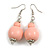 Pastel Pink Double Bead Wood Drop Earrings In Silver Tone - 60mm Long - view 3