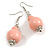 Pastel Pink Double Bead Wood Drop Earrings In Silver Tone - 60mm Long - view 4