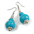Pastel Teal Blue Double Bead Wood Drop Earrings In Silver Tone - 60mm Long - view 3