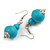 Pastel Teal Blue Double Bead Wood Drop Earrings In Silver Tone - 60mm Long - view 4