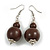 Brown Double Bead Wood Drop Earrings In Silver Tone - 60mm Long