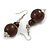 Brown Double Bead Wood Drop Earrings In Silver Tone - 60mm Long - view 4