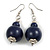 Dark Blue Double Bead Wood Drop Earrings In Silver Tone - 60mm Long - view 3