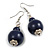 Dark Blue Double Bead Wood Drop Earrings In Silver Tone - 60mm Long - view 4