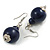 Dark Blue Double Bead Wood Drop Earrings In Silver Tone - 60mm Long