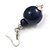 Dark Blue Double Bead Wood Drop Earrings In Silver Tone - 60mm Long - view 5