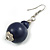 Dark Blue Double Bead Wood Drop Earrings In Silver Tone - 60mm Long - view 6