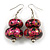Fuchsia Pink/ Black/ Gold Double Bead Wood Drop Earrings In Silver Tone - 55mm Long - view 2