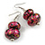 Fuchsia Pink/ Black/ Gold Double Bead Wood Drop Earrings In Silver Tone - 55mm Long - view 5