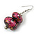 Fuchsia Pink/ Black/ Gold Double Bead Wood Drop Earrings In Silver Tone - 55mm Long - view 4