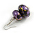 Purple/ Black/ Gold Double Bead Wood Drop Earrings In Silver Tone - 55mm Long - view 4