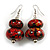 Red/ Black/ Gold Double Bead Wood Drop Earrings In Silver Tone - 55mm Long - view 2