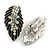 Marcasite AB Crystal Leaf Textured Clip On Earrings In Aged Silver Tone - 30mm Tall - view 4
