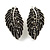 Marcasite Hematite Crystal Leaf Textured Clip On Earrings In Aged Silver Tone - 30mm Tall