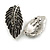 Marcasite Hematite Crystal Leaf Textured Clip On Earrings In Aged Silver Tone - 30mm Tall - view 3