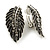 Marcasite Hematite Crystal Leaf Textured Clip On Earrings In Aged Silver Tone - 30mm Tall - view 4