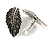 Marcasite Hematite Crystal Leaf Textured Clip On Earrings In Aged Silver Tone - 30mm Tall - view 5