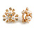 Gold Tone Clear Crystal, Faux Pearl Floral Clip On Earrings - 20mm Tall - view 2