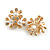 Gold Tone Clear Crystal, Faux Pearl Floral Clip On Earrings - 20mm Tall - view 3
