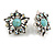 Vintage Inspired AB Crystal Turquoise Stone Floral Clip On Earring in Aged Silver Tone - 23mm D - view 3