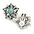 Vintage Inspired AB Crystal Turquoise Stone Floral Clip On Earring in Aged Silver Tone - 23mm D - view 4