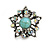 Vintage Inspired AB Crystal Turquoise Stone Floral Clip On Earring in Aged Silver Tone - 23mm D - view 5