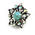 Vintage Inspired AB Crystal Turquoise Stone Floral Clip On Earring in Aged Silver Tone - 23mm D - view 6