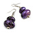 Purple/ Black Double Bead Wood Drop Earrings In Silver Tone - 55mm Long - view 5