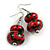 Red/ Black Double Bead Wood Drop Earrings In Silver Tone - 55mm Long - view 4