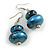 Metallic Blue/ Black Double Bead Wood Drop Earrings In Silver Tone - 55mm Long - view 3