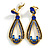 Vintage Inspired Long Sapphire Blue Crystal Loop Clip On Earrings In Antique Gold Tone - 60mm L - view 2