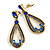 Vintage Inspired Long Sapphire Blue Crystal Loop Clip On Earrings In Antique Gold Tone - 60mm L - view 3