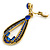 Vintage Inspired Long Sapphire Blue Crystal Loop Clip On Earrings In Antique Gold Tone - 60mm L - view 4