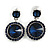 Dark Blue Crystal Round Drop Earrings In Rhodium Plating - 35mm Long - view 3