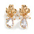 Gold Tone Clear Glass Teardrop Faux Pearl Floral Clip On Earrings - 35mm L - view 6
