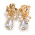 Gold Tone Clear Glass Teardrop Faux Pearl Floral Clip On Earrings - 35mm L - view 2